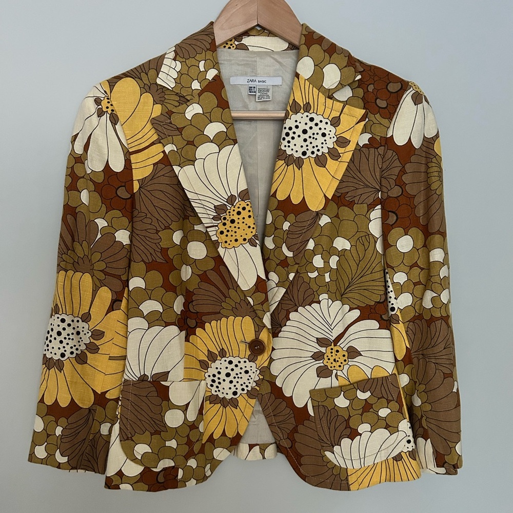 Zara Basic Floral 70s Blazer Size 6 Retro Brown Yellow Flax Linen Cotton Jacket